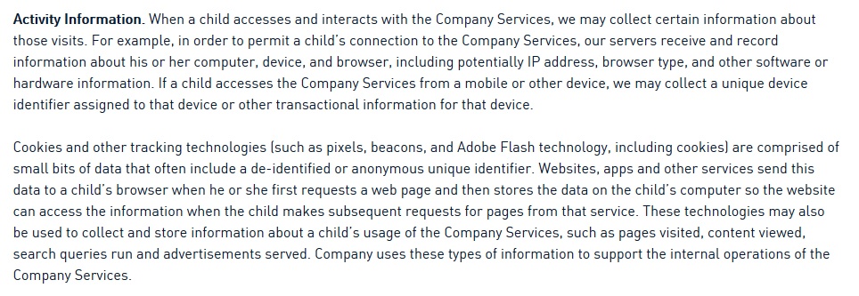 National Geographic Kids Privacy Policy: Activity Information clause