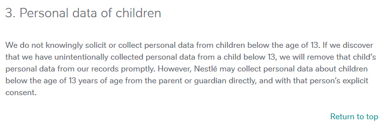Nestle Privacy Policy: Personal Data of Children clause