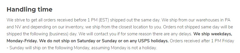 Planet of the Vapes Shipping Policy: Handling Time section