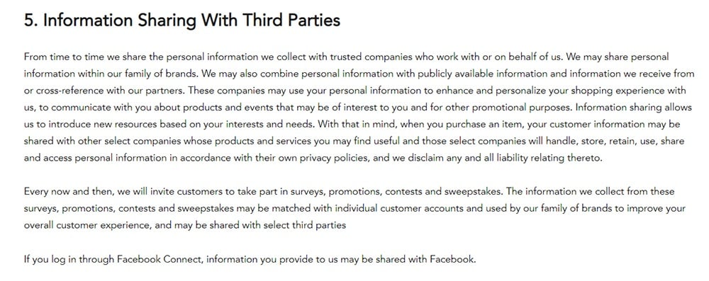 Shutterfly Privacy Policy: Information Sharing With Third Parties clause