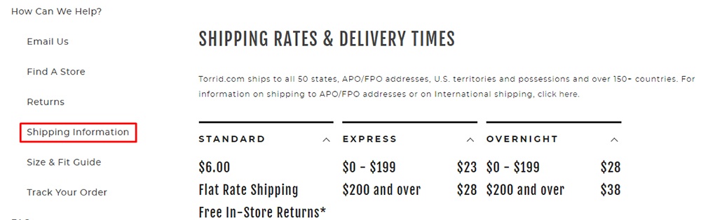 Torrid shipping information page with link highlighted