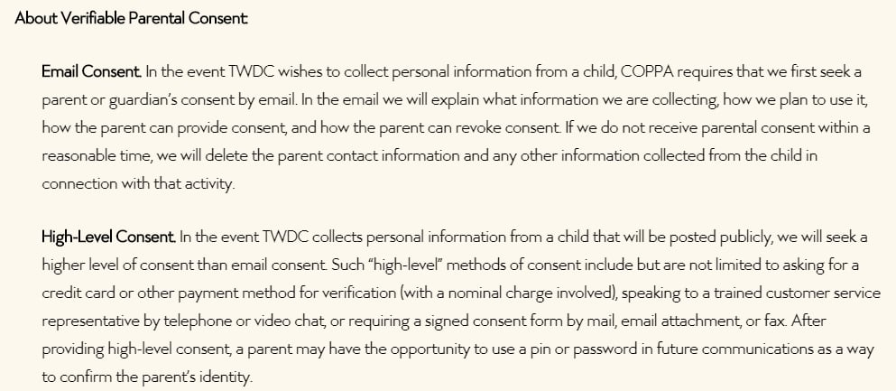 Walt Disney Company Children&#039;s Privacy Policy: Verifiable Parental Consent clause excerpt
