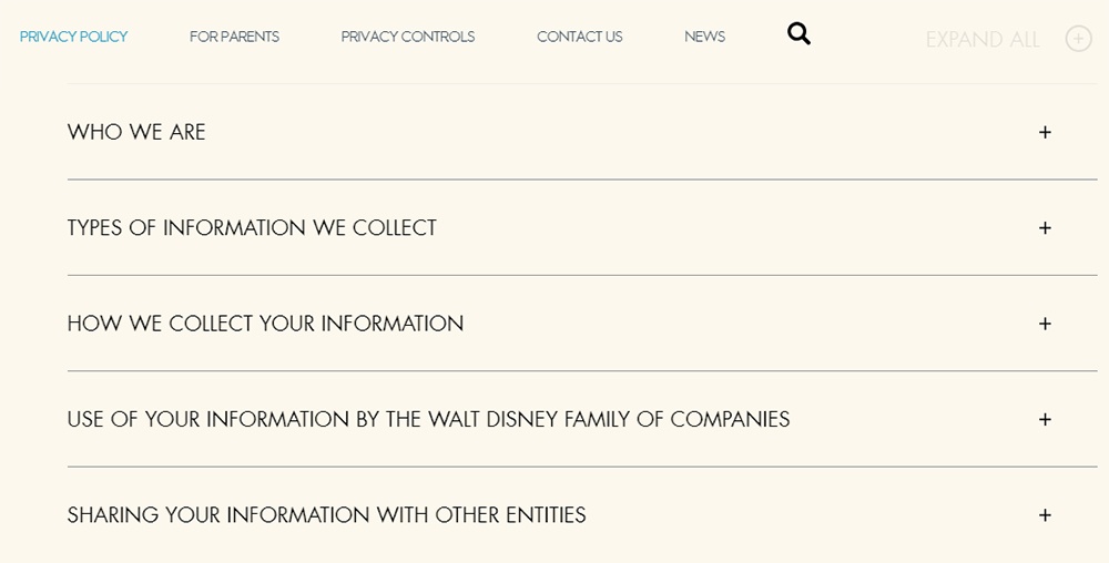 Walt Disney Company Privacy Policy: Excerpt of menu