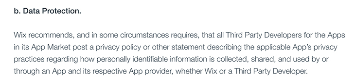 Wix App Market Terms of Use: Excerpt of Data Protection clause