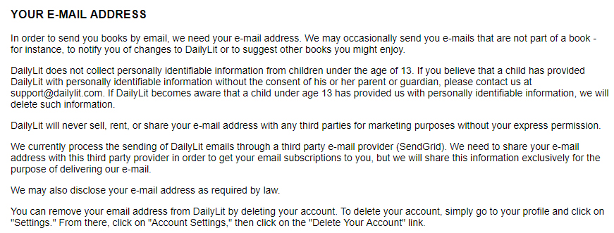 DailyLit Privacy Policy: Your email address clause