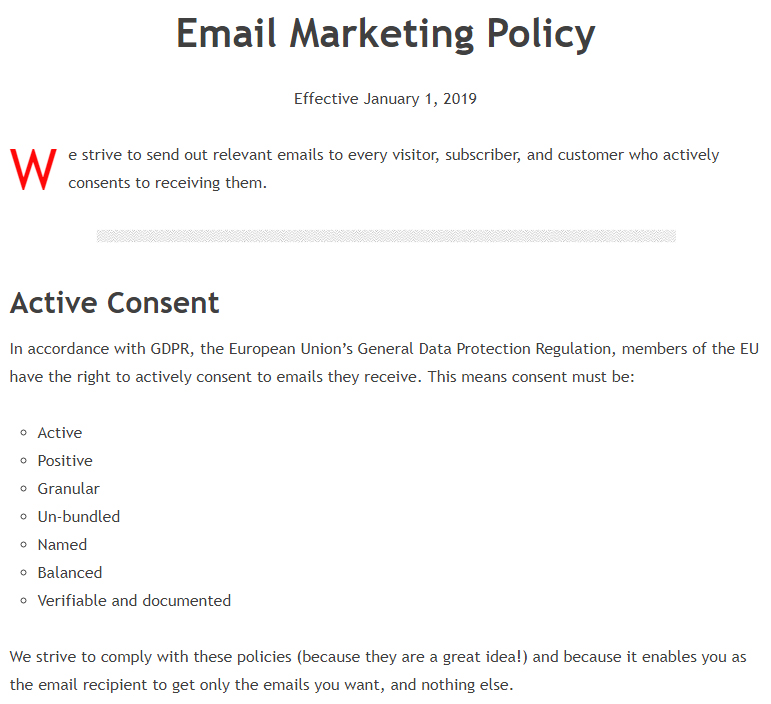 Jeff Sanders Email Marketing Policy: Excerpt of Active Consent section