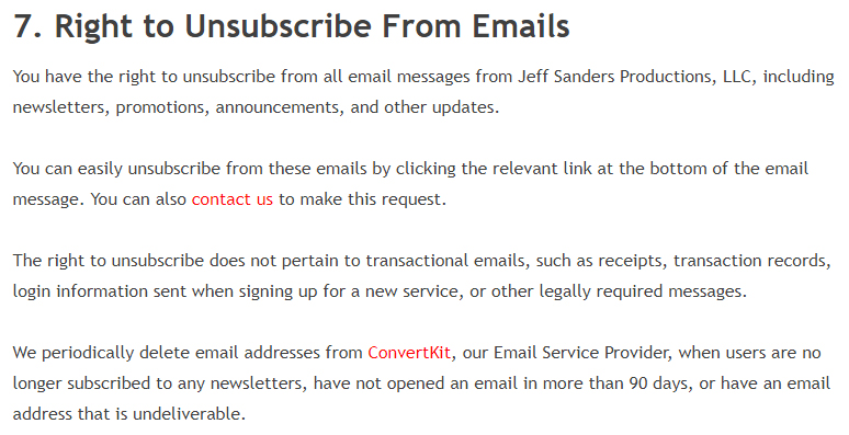 Jeff Sanders Privacy Policy: Right to Unsubscribe From Emails clause