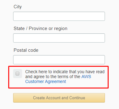Amazon Web Services sign-up form with checkbox to agree to Terms - Highlighted