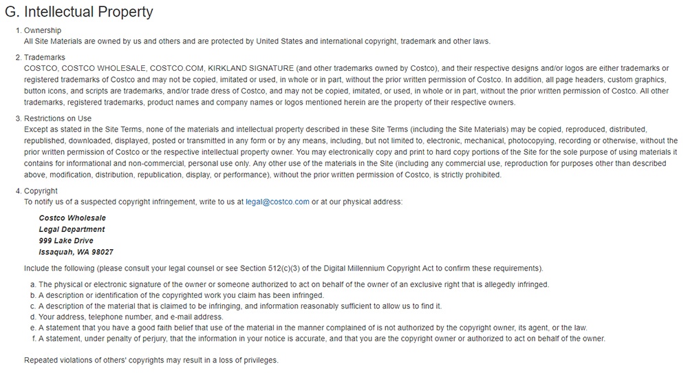 Costco Terms and Conditions: Intellectual Property clause