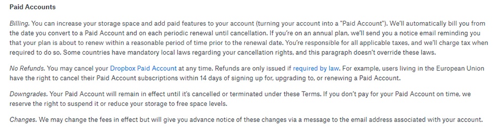 Dropbox Terms of Service: Paid Accounts clause