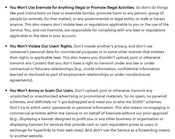Evernote User Guidelines: Excerpt of prohibited uses clause