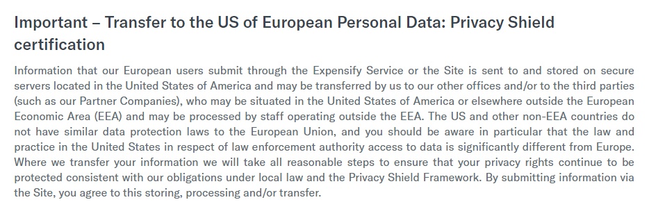 Expensify Privacy Policy: International data transfer and Privacy Shield clause