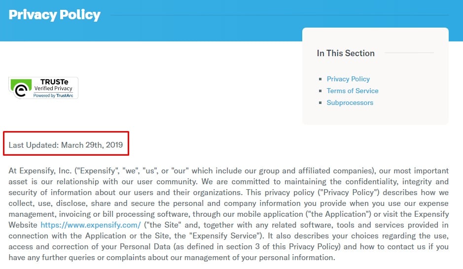 Expensify Privacy Policy: Intro and effective date with last update highlighted