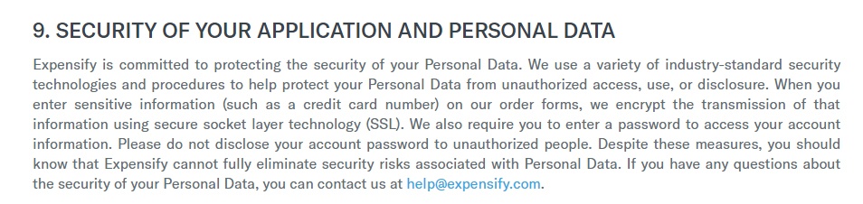Expensify Privacy Policy: Security clause