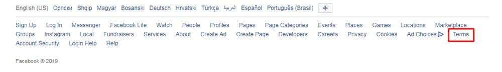 Facebook website footer with Terms highlighted