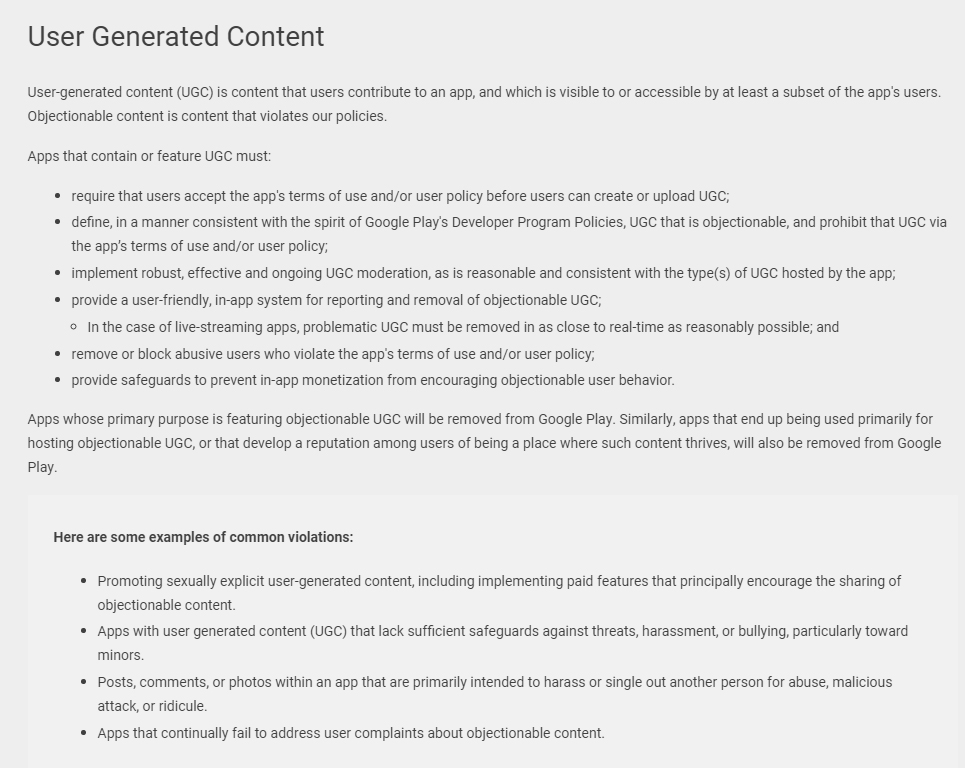 Google Play Policy: User Generated Content clause