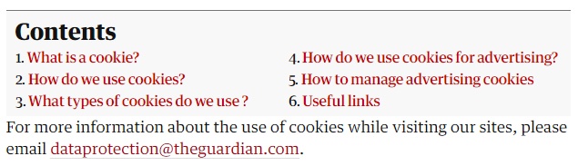 The Guardian Cookie Policy: Contents section