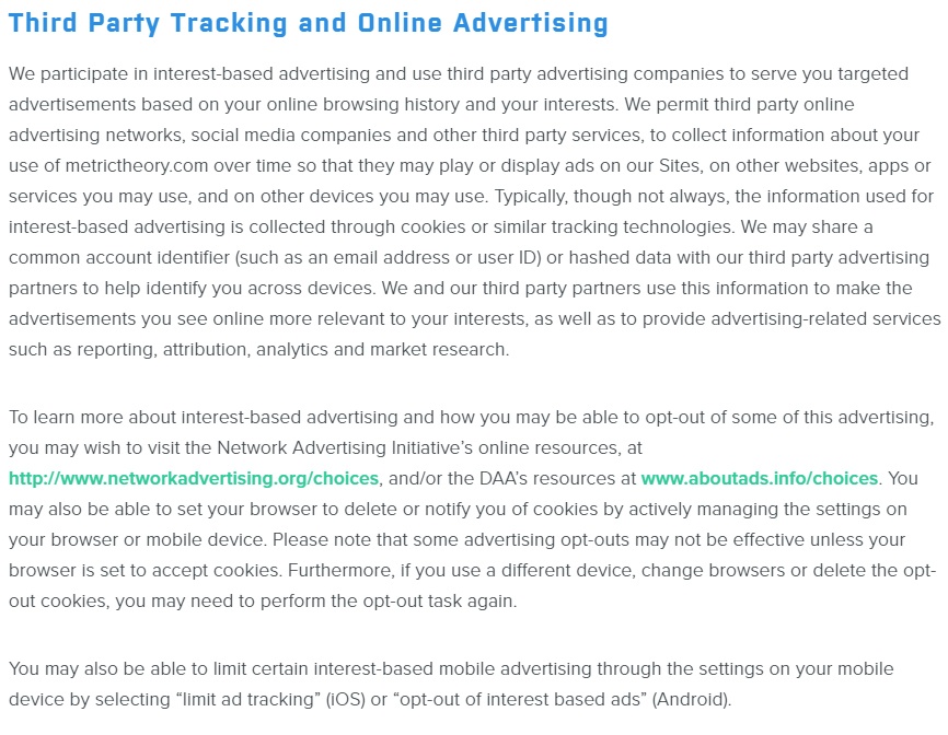 Metric Theory Privacy Policy: Third Party Tracking and Online Advertising clause
