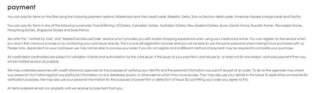 Missguided Terms of Sale: Payment clause