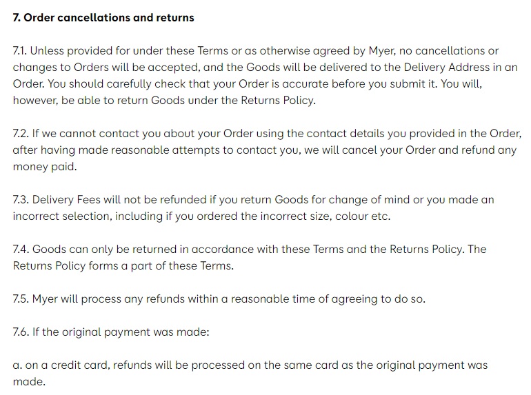 Myer Australia Online Shopping Terms and Conditions: Order cancellations and returns clause excerpt