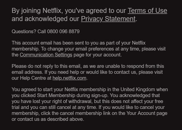 Netflix welcome email: You agreed to Terms of Use