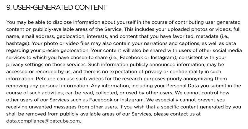 PetCube Privacy Policy: Excerpt of User-Generated Content clause