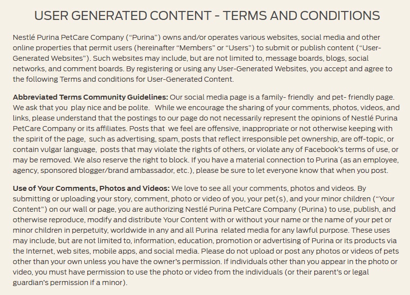 Intro clauses excerpt of Purina User Generated Content Terms and Conditions