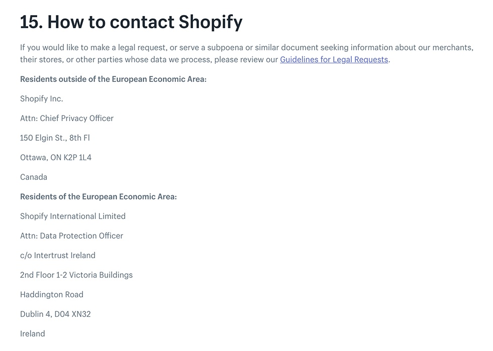 Shopify Privacy Policy: Contact clause