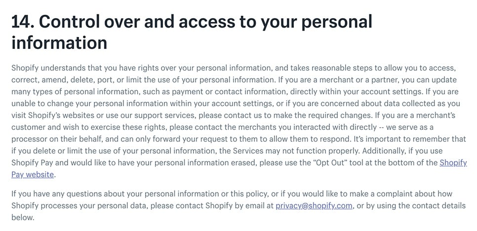 Shopify Privacy Policy: Control over and access to your personal information clause