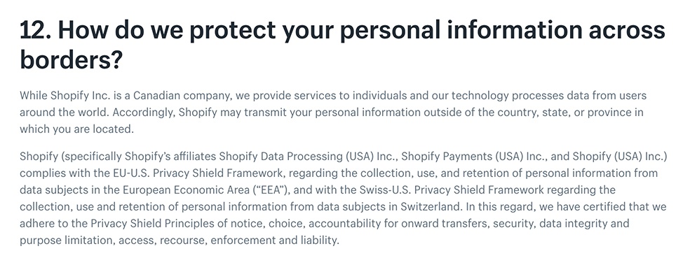 Shopify Privacy Policy: Excerpt of international data transfer clause