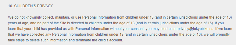 Tokyobike Privacy Policy: Children&#039;s Privacy clause