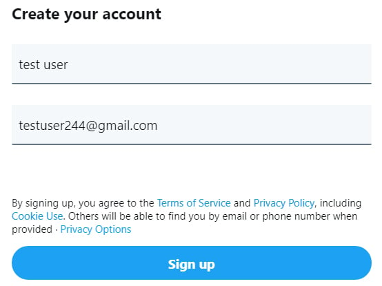 Twitter: Signing up means you agree to Terms of Service and Privacy Policy