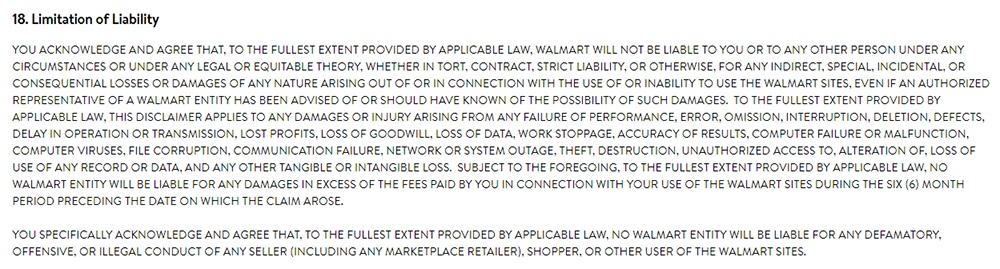 Walmart Terms of Use: Limitation of Liability clause