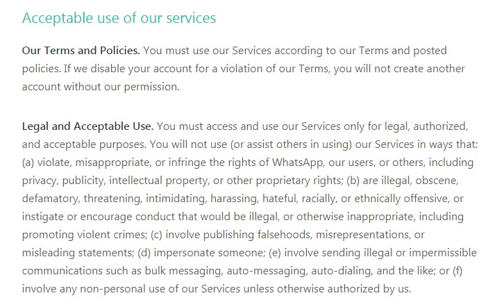 WhatsApp Terms of Service: Legal and Acceptable Use clause excerpt