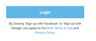 Wish website login and sign-up screen with Agree to terms