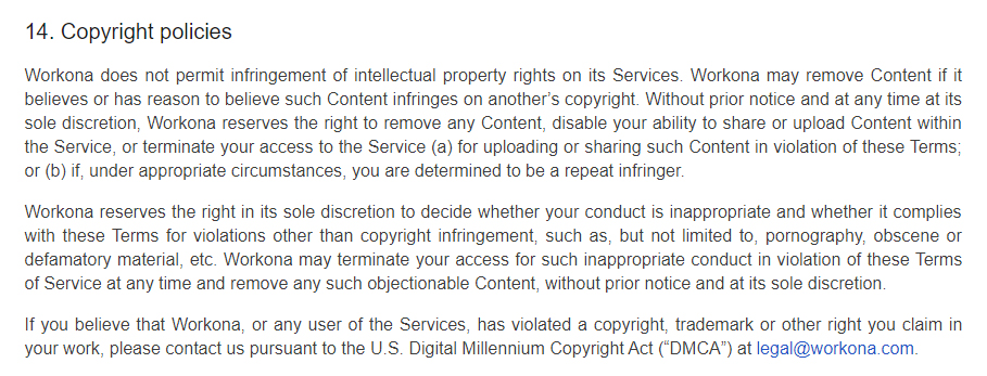 Workona Terms of Service: Copyright policies clause