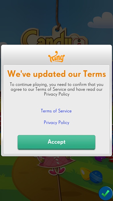 Candy Crush app: Notice of updated terms with Accept button