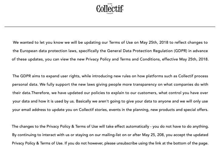 Collectif email notice for updated Privacy Policy and Terms of Use