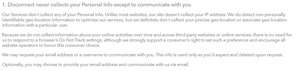 Disconnect Privacy Policy: Disconnect never collects personal info except to communicate with you clause excerpt