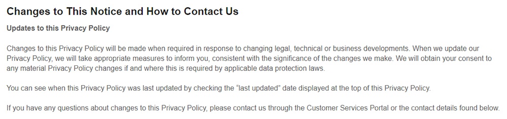 Expedia UK Privacy Policy: Changes to this Notice and How to Contact Us clause