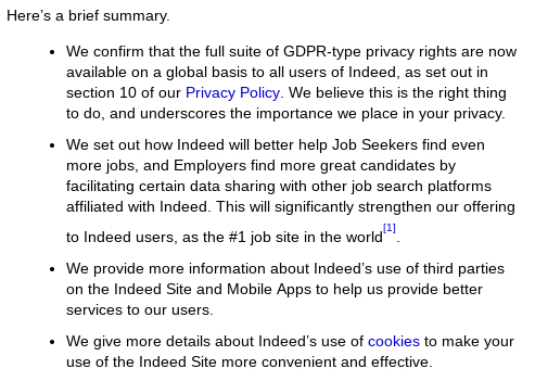 Excerpt of Indeed Updated Privacy Policy notice email