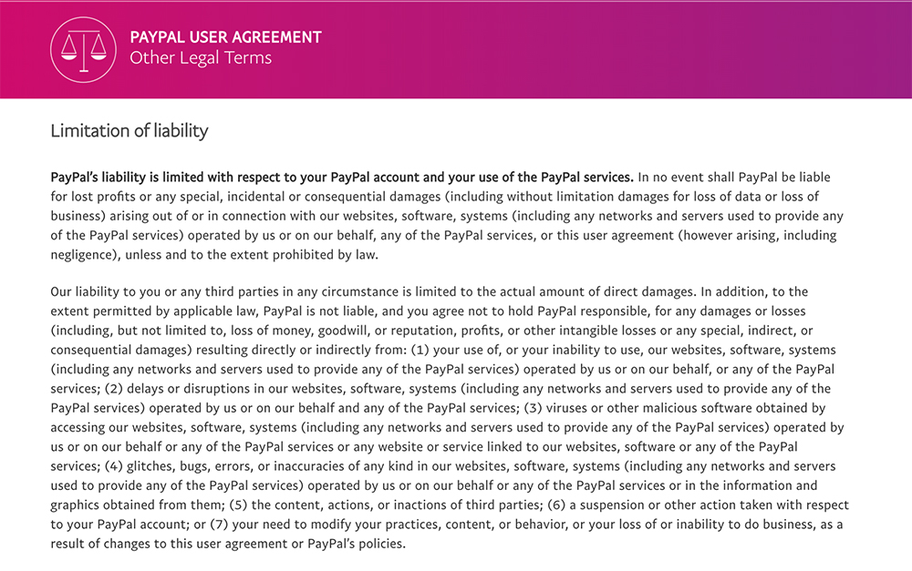 PayPal User Agreement: Limitation of Liability clause