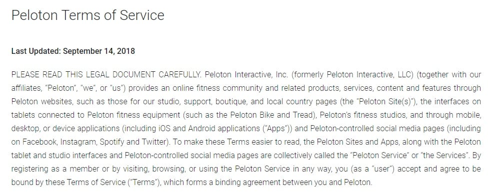 Peloton Terms of Service: Last Updated date and Intro clause