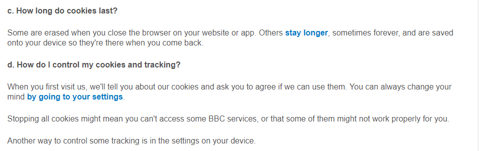 BBC Privacy Policy: Cookies and Similar Tracking Technologies clause: How long do cookies last and how to control cookies sections