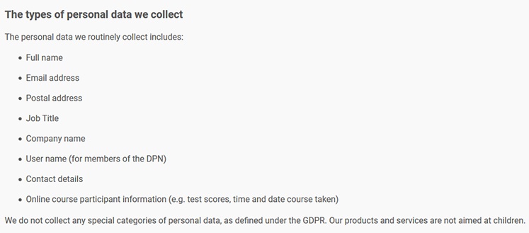 Data Protection Network Privacy Statement: The types of personal data we collect clause