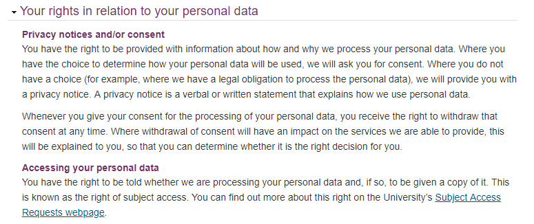 Durham University Privacy Notice: Personal data rights clause - Privacy notices, consent and accessing personal data excerpts