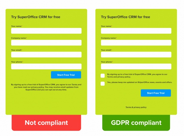 SuperOffice free trial forms showing comparison of GDPR compliance