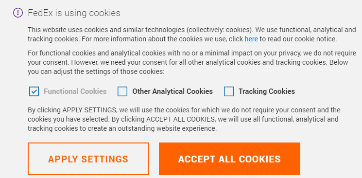 FedEx Cookies Notice with Settings checkboxes and option to accept all