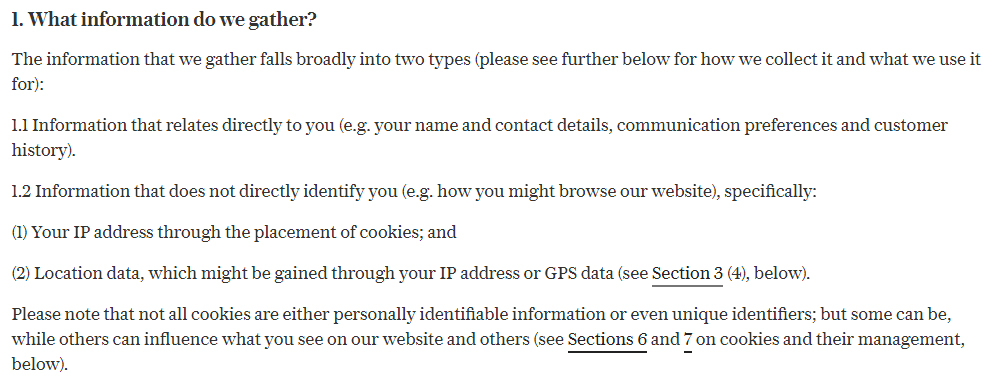 Telegraph UK Privacy and Cookie Policy: What information do we gather clause