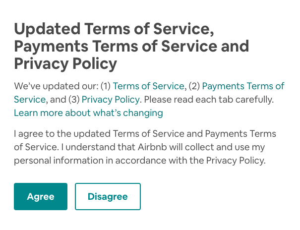 Airbnb: Updated Terms and Privacy Policy - Notification with consent request